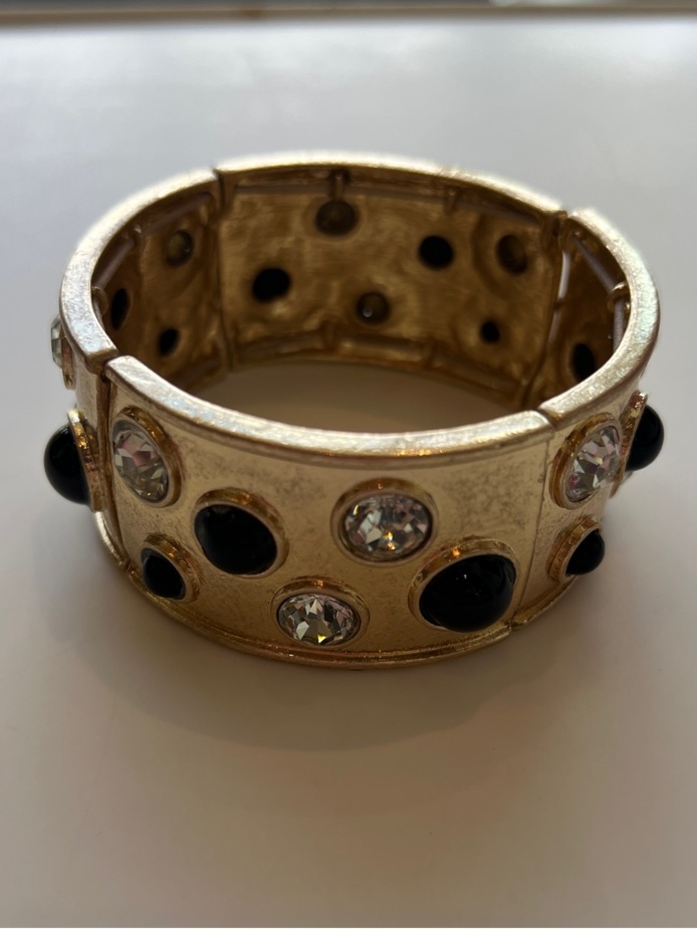 Gold-Tone Stretch Bracelet with Black and Clear Stones